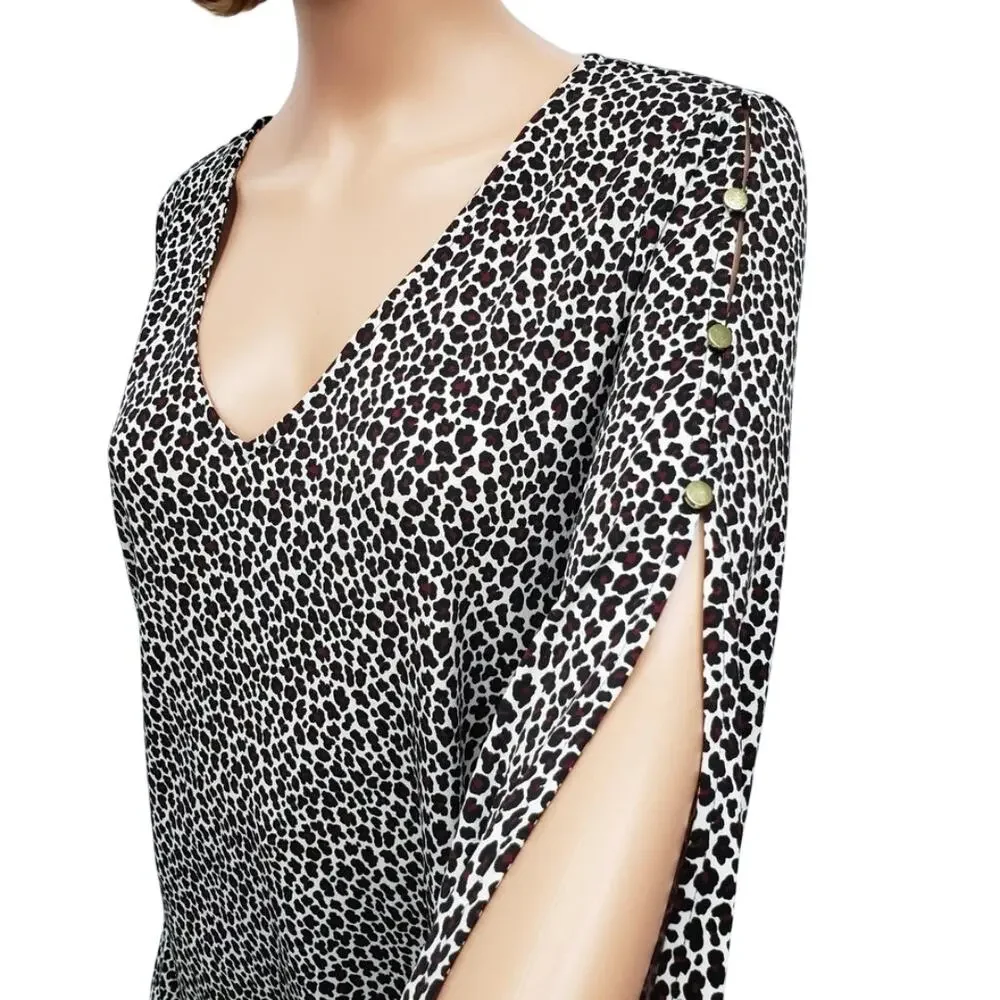NWT MICHAEL KORS Arm Slit Animal Print Top Blouse Women L V-Neck Ruby Black